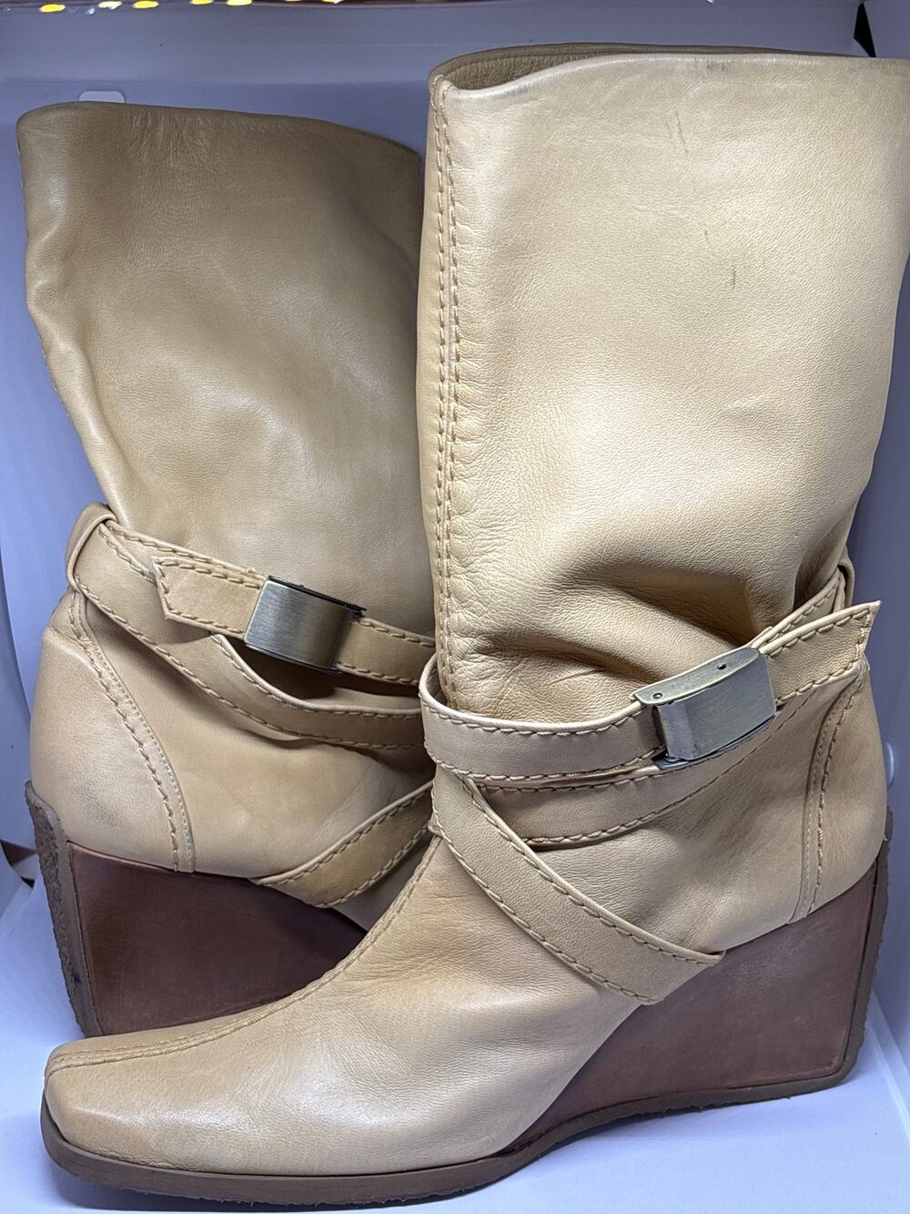 Stuart Weitzman Tan Leather Buckle Strap Wedge Ankle Boots Women's Size 7N